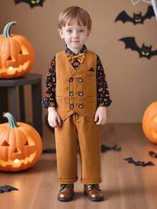Completo da gentiluomo per bambini in età prescolare, set da 3 pezzi comprendente gilet, camicia stampata e pantaloni, abbigliamento per feste autunnali/invernali e vacanze