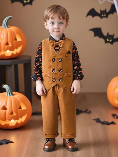 Completo da gentiluomo per bambini in età prescolare, set da 3 pezzi comprendente gilet, camicia stampata e pantaloni, abbigliamento per feste autunnali/invernali e vacanze