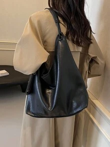 新款秋冬复古纯色哑光面料女士单肩包，现代通勤软包，简约风格可调节肩带手提包，带零钱包设计组合包，韩国高端软肩托特包 - 黑色 - 查看 5