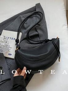 1pc Solid Color PU Leather Shoulder Bag For Women, Vintage Fashion Crescent Shaped Shoulder Bag With Zipper Closure, Suitable For Daily And Outdoor Use - Black - View 8