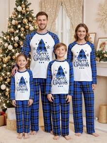 2-Piece Family Matching Christmas Set - Tree Print Long Sleeve Top And Plaid Pants, Holiday Loungewear