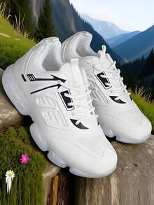 2025 New Men's Casual Sports Shoes, Thick Sole, Anti-Slip, Breathable Mesh, Soft & Comfortable, Black & White Color Block, Air Cushion, Shock Absorbing, Comfortable Men's Running Shoes