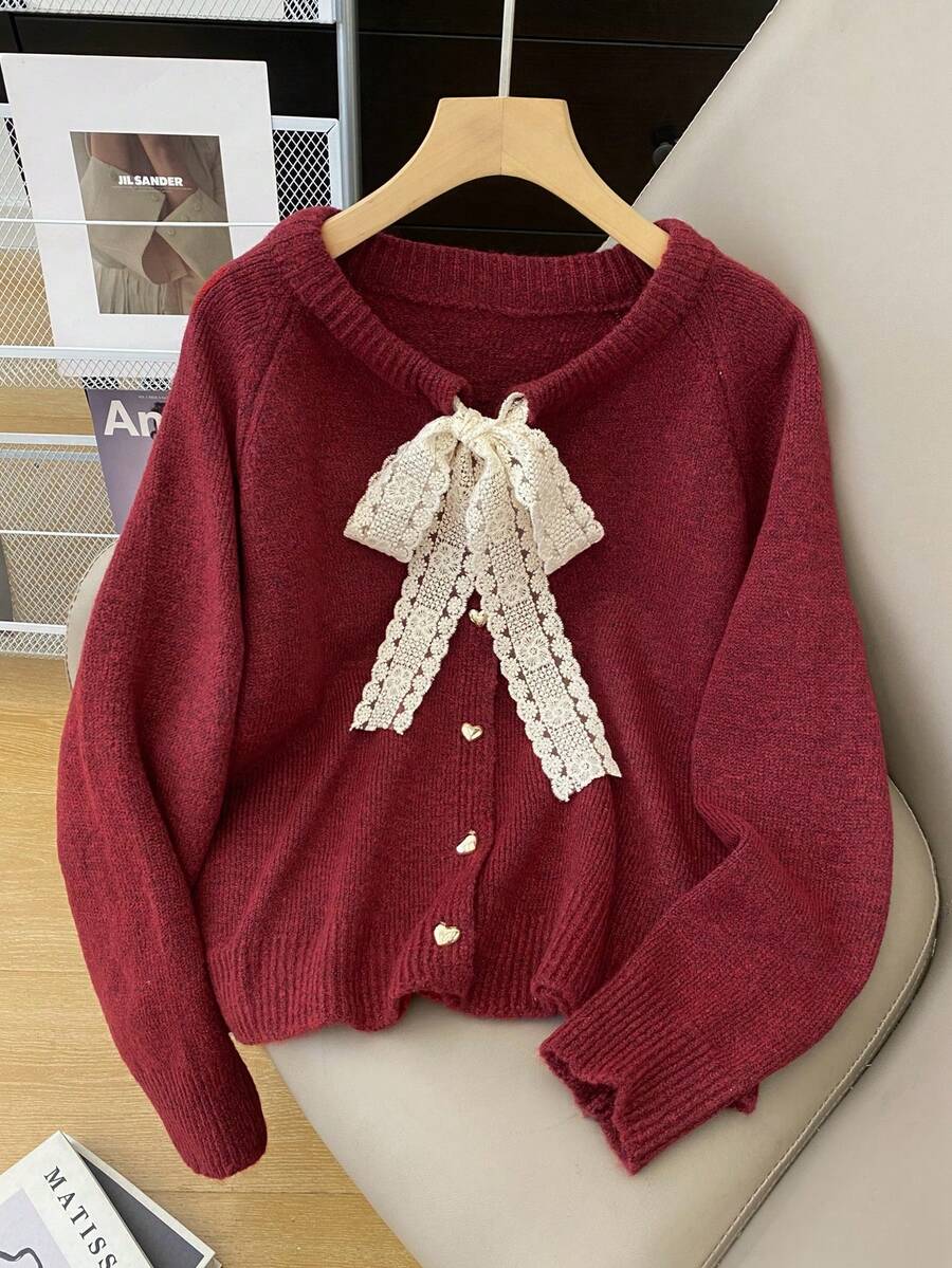Áo khoác cardigan nữ kiểu dáng thường ngày có nơ trang trí, màu trơn thoải mái, lựa chọn lý tưởng cho mùa thu/đông. - Đỏ - Xem 1