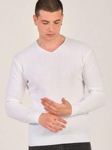 Men's V-Neck Jacquard Sweater Regular Fit - White - View 2