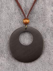 1 pieza Collar colgante de madera redondo hueco de estilo bohemio vintage, elegante collar para hombres y mujeres, cordón de terciopelo marrón con cuentas, regalo para madre, novia, novio, festividades