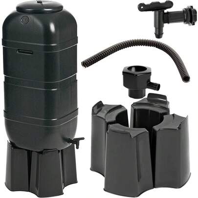 100L Black Slimline Space Saver Water Butt Kit Complete With Stand, Lid And Diverter Rain Saver For Gardens & Decking Areas