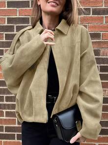 Chaqueta bomber suelta de manga larga de unicolor de felpa para mujer, estilo casual de moda para primavera/otoño - Caqui - Ver 5