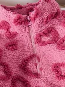 2pcs Girls Casual Outfit, Pink Heart Pattern Fluffy Half-Zip Sweater Top Paired With Black Bell-Bottom Pants, Suitable For Daily Wear