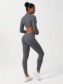 Sodalemon 女士蜜桃臀瑜伽紧身裤，V形缝线设计，修身运动裤 - 灰色 - 查看 8