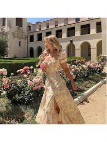 Women's Floral Print Square Neck Dress French Split Hem Dresses Elegant And Sexy - 鵝黃色 - 查看 3