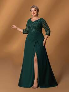 Faeriesty Mosy ​Plus Size Mother Of The Bride Dress: Elegant V-Neck, 7/8 Sleeve & Lace Bodice, Flattering Thigh Slit, Ruched Mermaid Skirt - Perfect For Formal Weddings, Gala Dinners, Black-Tie Events, Grand Celebrations​