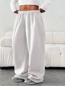 大码女式休闲宽松纯色松紧腰带口袋运动裤 - 白色 - 查看 3