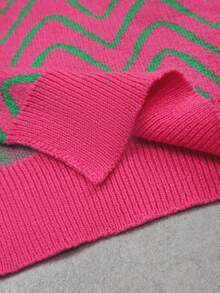 Pull-over femme à col rond, motif vague et clash fluorescent en laine tricotée, col montant