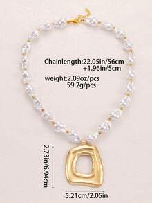 1Pc Bohemian Elegant Luxury Matte Gold Asymmetrical Geometric Hollow Square Pendant With Baroque Pearl Chain For Women's Daily Wear Beach Accessory