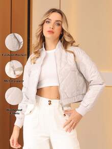 ZIAI Zipper Front Drop Shoulder Quilted Coat - Beige - View 1