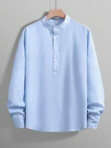 Men's Henley Shirt | Linen Texture Shirt, Stand Collar Design, Lightweight Breathable Long Sleeve Vacation Top, Loose Fit, Suitable For Vacation, Party, Office Wear, Unique Casual Men's Gift, Blue Men's Shirt, Essential For Autumn - Blue - View 2