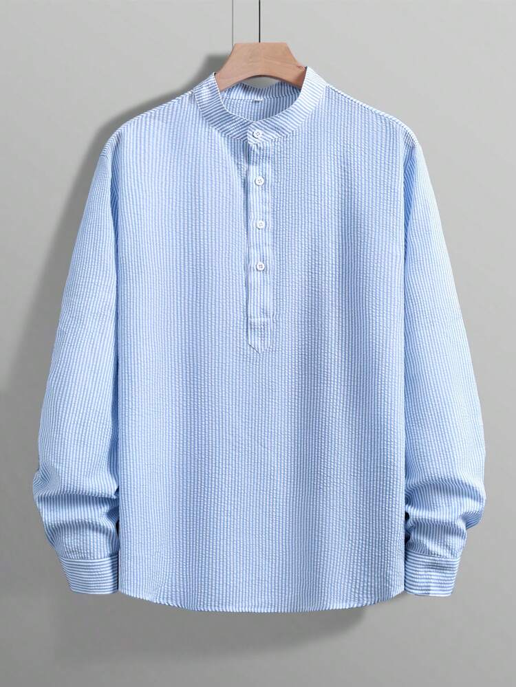 GloMan Men's Half Placket Shirt, Textured Linen Shirt With Mandarin Collar, Lightweight Breathable Long Sleeve Resort Top, Relaxed Fit For Vacation Party Office Wear, Unique Casual Gift For Him,Blue Shirts Men - Blue - View 2