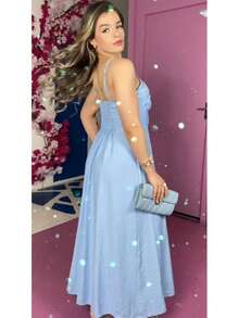 STARFASHIION Long Dress With Sensory Flower Thin Straps Delicate Summer /SUMMER/MODAGRINGA - 淺藍色 - 查看 2