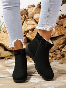 New Fashion Plus Size Warm Suede Leather Lining Snow Boots, Wedge Heel, Comfortable Anti-Slip Ankle Boots For Autumn/Winter, Fur Boots - Black - View 5