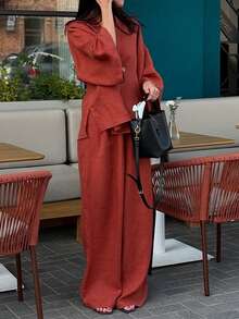 UrbanChic Minimalist 2Pcs V-Neck A-Line Long Pants Suit, Valentine's Day Outfit, Wedding Season, Prom Party, Elegant, Modest, Business Casual Woman, Summer Holiday Outfits, Weddings & Events, Going Out Outfits, Vacation Outfits Women, Beach Outfits For Women, Spring Break Outfits - Redwood - View 3