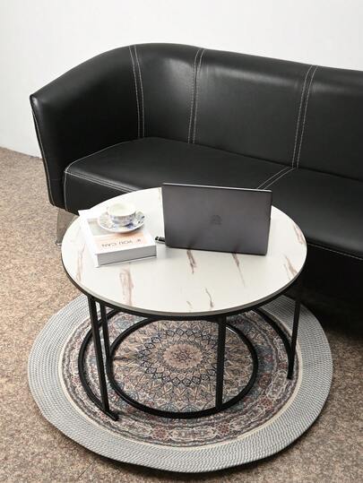 Super life Nesting Coffee Tafel Set Of Two, Round Table, Wooden Marble Top Sturdy Metal Frame, Side Living Room, Bedroom, Balcony Patio view 9