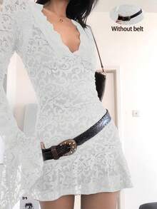 2件套新款女式蕾丝拼布喇叭袖连衣裙，春夏