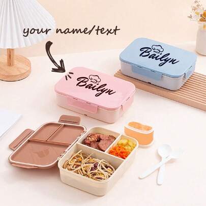 1pc Customizable Flip-Top Bento Box, Supports Artistic Text & Large Area Customization, Portable, Waterproof, Leak-Proof, Suitable For Outdoor, Travel, School, Office Use, Includes Sauce Compartment & Utensils, Four-Side Lock Design, Multiple Color Options, Create Your Own Personalized Lunch Box