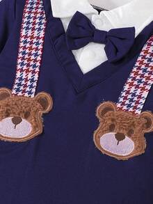 H HIBOBI 2pcs Baby Boy Outfit, Includes Bear Pattern Long Sleeve Top And Plaid Pants (0-18 Months)