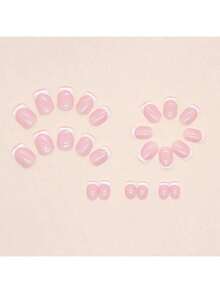 24 Pieces Of Short Shiny Coffin Nails Pink And White French False Nails, Reusable, Suitable For Women. Press-On False Nails - Hồng - Xem 3