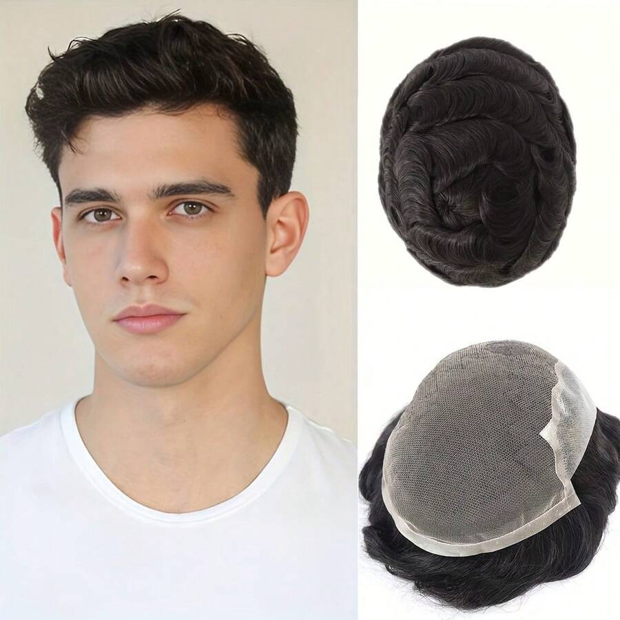 男士自然黑色 100% 真人发质假发 - Q6 法式蕾丝前假发，逼真发际线，手工绑制 8X10 毛细血管假体