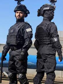 A Solid Color Spring And Autumn Outdoor Outfit, Consisting Of 2pcs, Featuring Multiple Pockets And Durable Multifunctional Design For Men, Equipped With, A Popular Choice Among The Masses. - màu đen - Xem 5