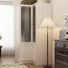 FUFU&GAGA Corner Wardrobe Armoire With Frosted Glass Doors, L-Shaped Closet Cabinet With Shelves And Hanging Rail For Bedroom - 暖白色 - 查看 2