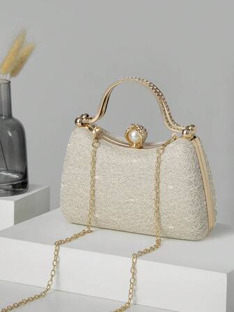 Mini Elegant Lace, Pearl & Rhinestone Decorated Box Shaped Evening Clutch Bag, Suitable For Wedding