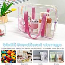 1pc Macaron Colored Makeup Bag, PVC Transparent Tote Bag, Large Capacity Waterproof Beach Bag, Colorful Building Block Game Storage Organizer Box For Children's Room