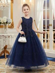 Flower Girls Tulle Lace Princess Pageant Festival Bridesmaid Carnival Floor Long Prom Dance Formal Evening Maxi Dresses - Màu xanh hải quân - Xem 2