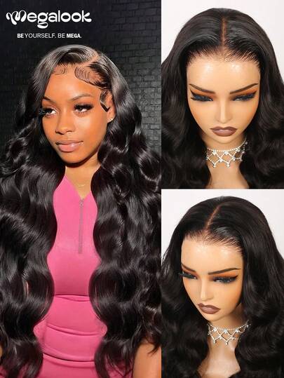MEGALOOK Peluca de encaje de onda corporal 360 sin pegamento con cordón, 100% cabello humano, lista para usar sin pegamento - Encaje pre cortado, nudos decolorados, línea del cabello natural pre recortada, encaje transparente, peluca de encaje 360 completo con densidad de 180% color natural