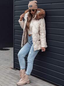 Gesteppte Winterjacke für Damen mit abnehmbarer Kapuze und Kunstfell, schmaler Passform, verstellbaren Seitenteilen, Reißverschluss und Druckknopfverschluss, eine elegante und warme Oberbekleidung mit Taschen, perfekt für Winterspaziergänge und Alltagslooks