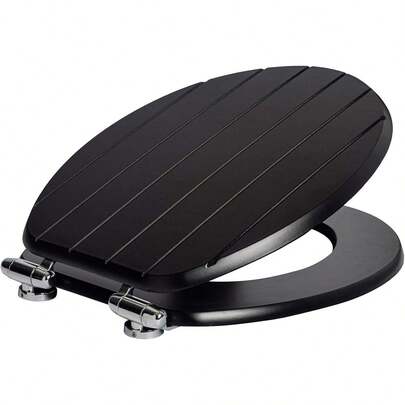 Soft Close Toilet Seats - Black - Pack Of 2 - Oval-Shaped Wooden Toilet Seat Antibacterial Loo Lid With Universal Chrome Hinges, Fixings & Fittings