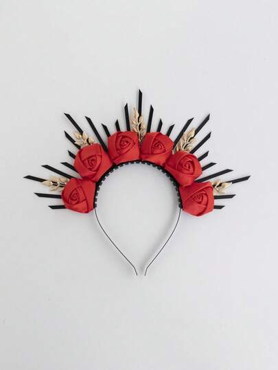 黑色深红色勃艮第玫瑰金叶丝绸人造花皇冠，适合婚礼新娘或伴娘，万圣节假花光环皇冠，新娘哥特式婚礼头饰，生日角色扮演派对庆祝服装头饰，亡灵节