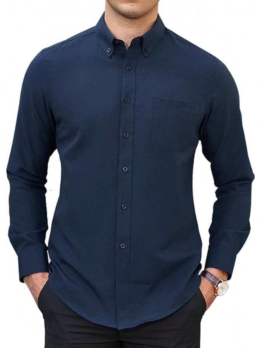 Men's Classic Oxford Shirt Solid Long Sleeve Button Down Casual Woven Shirts With Pockethalloween - 深藍色 - 查看 1