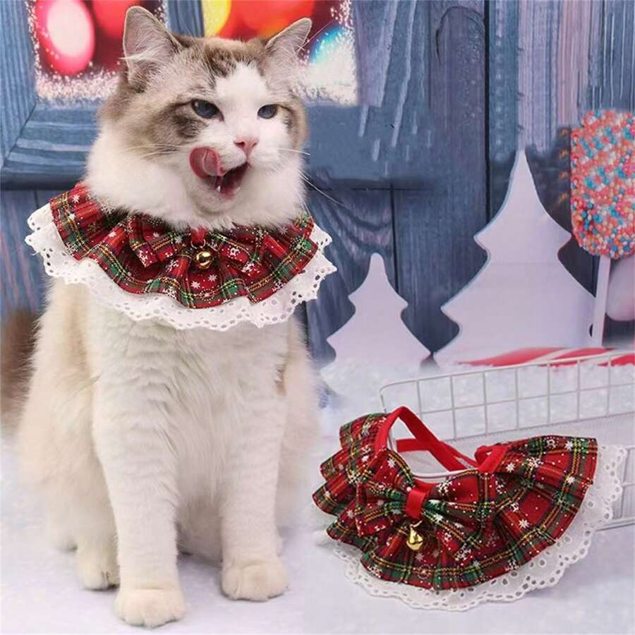 1 件宠物圣诞围巾，雪花图案蝴蝶结，猫咪节日围兜，柔软亲肤 - 彩色 - 查看 1
