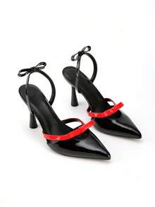 أحذية نسائية ذات كعب عالي بأصبع قدم مدبب باللون الأسود مزينة بفيونكة حمراء، أحذية كعب عالي مزينة بفيونكة، أحذية كعب عالي بأصبع قدم مدبب، صنادل كعب رفيع باللون الأسود مناسبة لجميع المواسم - الأسود - مشاهدة 5