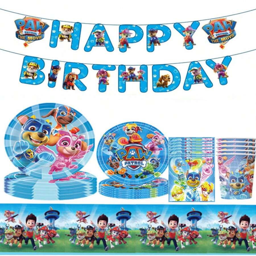 Paw Patrol Cartoon Blue Theme Party Tableware Set (Paper Cups/Plates/Cake Dishes/Dessert Plates) - Party Supplies Disposable Party Decorations For Christmas/Birthday Celebration - Multicolor - View 1