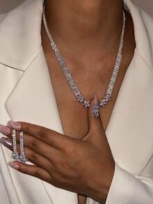 2pcs Rhinestone Flower Pendant Earrings & Necklace Jewelry Set, Elegant Fashion Luxury High-End Earrings & Choker Necklace, Bridal Wedding, Party Dress Accessories