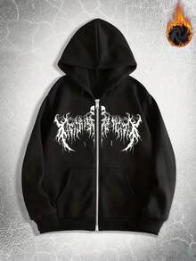 女士毛絨針織連帽衛衣，撕裂字體 骷髏元素圖案印花，秋冬裝保暖抓絨襯裡，棉質上衣，帶口袋外套，拉鍊，帶抽繩，柔軟透氣長袖衛衣，女式街頭服飾運動女裝，開學，包頭造型，oversize hoodie ，eateatshirt，veste femno， - 黑色 - 查看 1