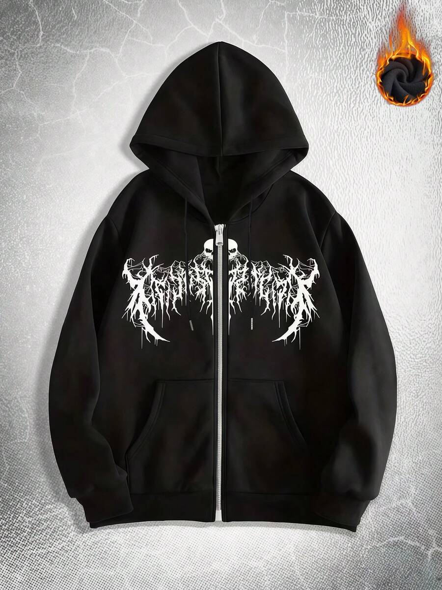 女士毛絨針織連帽衛衣,撕裂字體 骷髏元素圖案印花,秋冬裝保暖抓絨襯裡,棉質上衣,帶口袋外套,拉鍊,帶抽繩,柔軟透氣長袖衛衣,女式街頭服飾運動女裝,開學,包頭造型,oversize hoodie ,eateatshirt,veste femno, - 黑色 - 查看 1