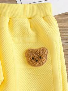 2pcs Baby Boy Casual Outfit Set - Letter Jacquard Crew Neck Long Sleeve Sweatshirt With Bear Embroidery And Pants, Autumn/Winter - Yellow - View 11