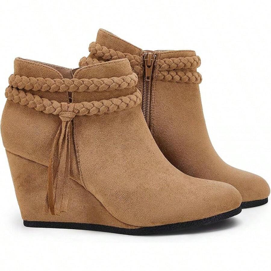 Womens Wedge Ankle Boots Braided Fringe Strap Western Heeled Fall Booties Dress Shoes - 2-棕色(仿麂皮) - 查看 1