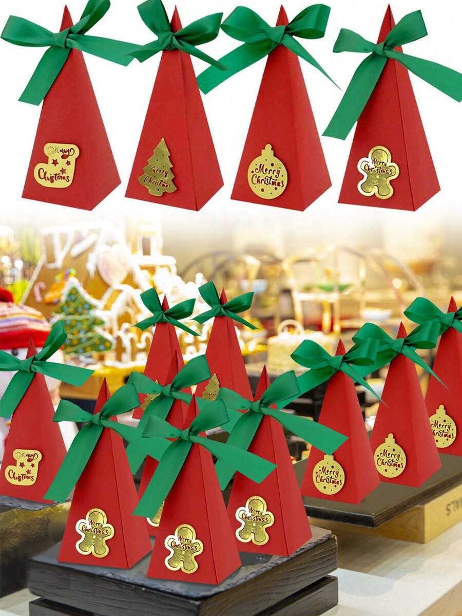 20/50 Pezzi Scatole Regalo di Natale con Nastro e Cartellino Rosso a Triangolo, Scatole di Carta Natalizie con Albero di Natale e Omino di Pan di Zenzero, Confezioni Regalo per Vacanze, Matrimoni e Decorazioni Natalizie