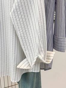 Women's Casual Striped Front Button Pocket Lapel Long Sleeve Stylish Striped Shirt Top Suitable For Autumn Winter Spring - White - View 11